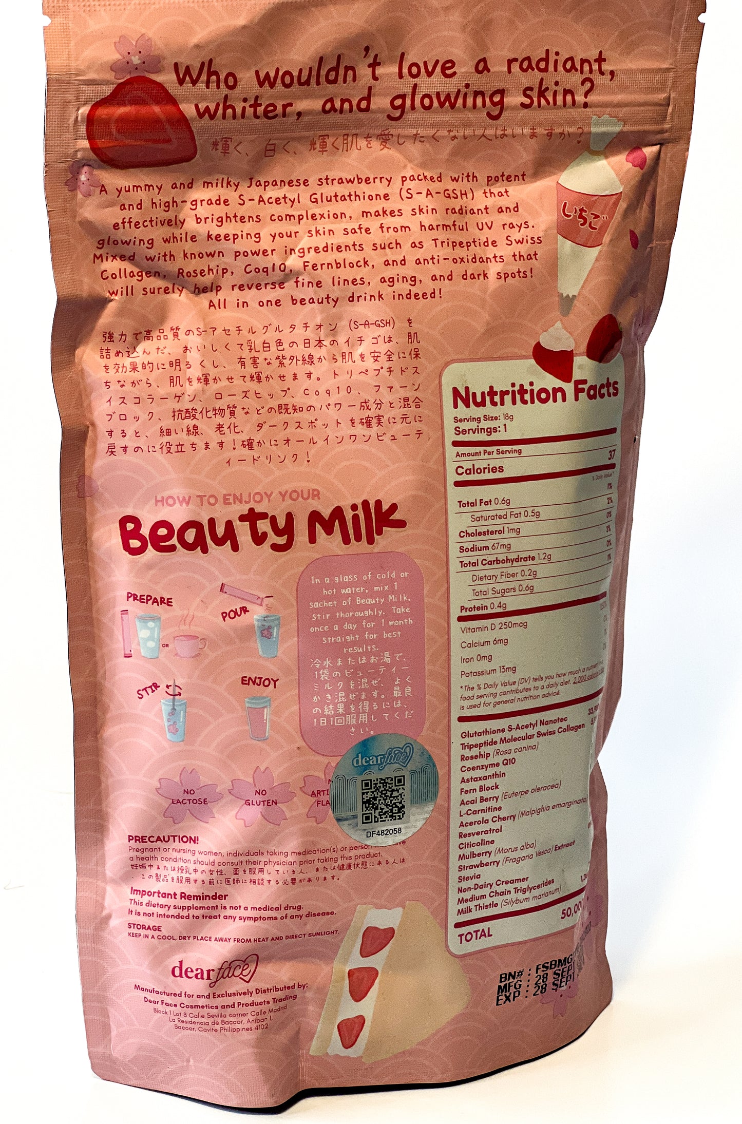 Dear Face - Beauty Milk Strawberry Collagen Drink (10 sachets x 18g)