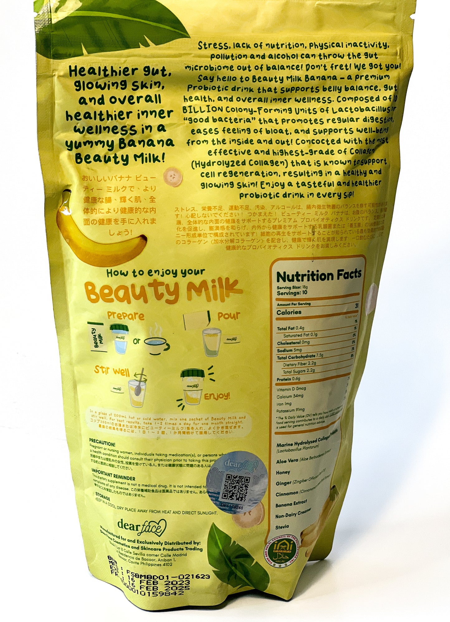 Dear Face - Beauty Milk Banana Collagen Drink (10 sachets x 18g)