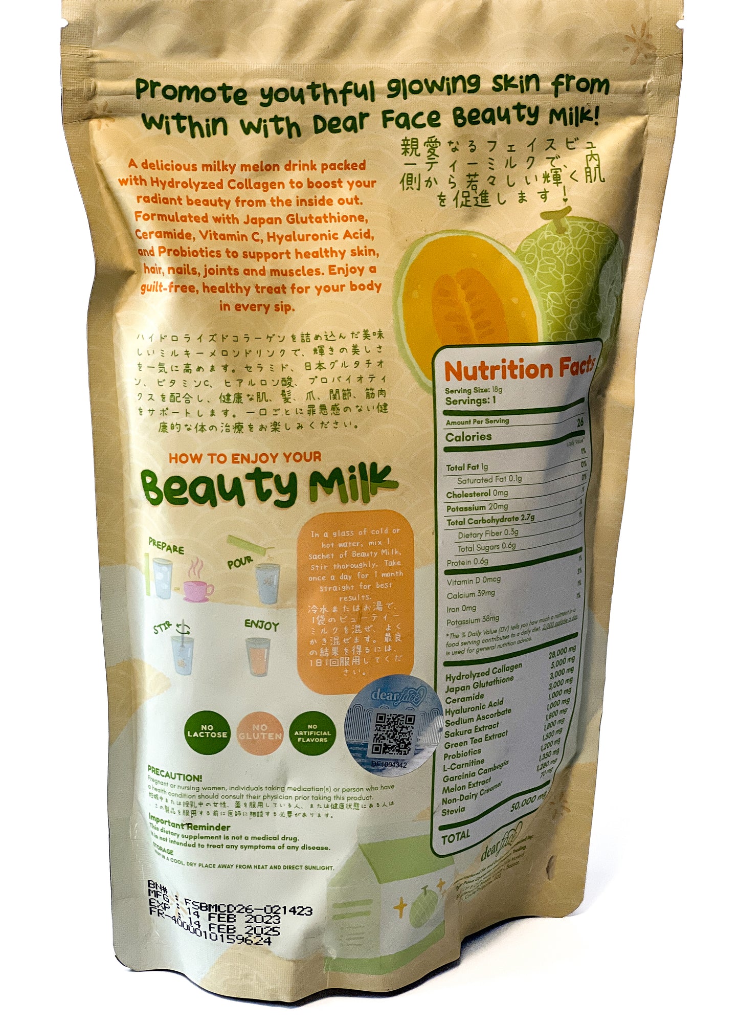 Dear Face - Beauty Milk Melon Collagen Drink (10 sachets x 18g)